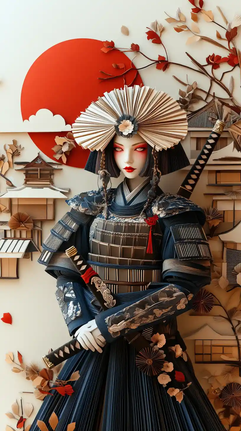 Samurai woman in ornate armor before paper quilled Japanese wall