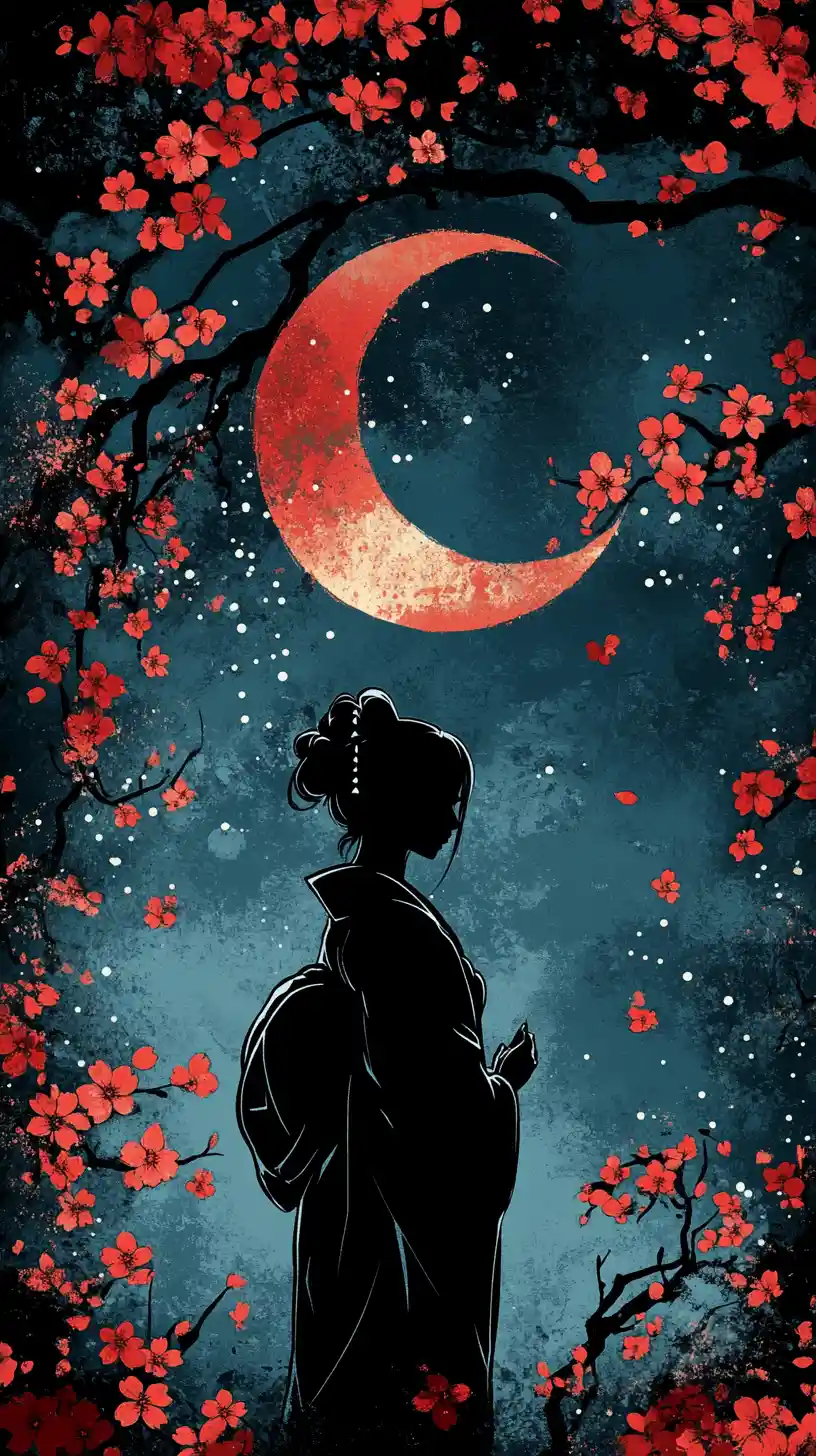 Woman in kimono beneath crescent moon and cherry blossoms