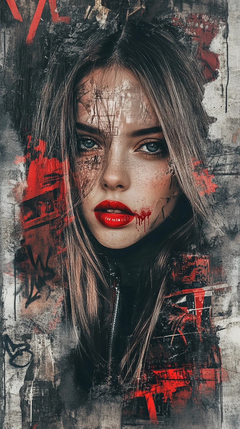Defiant young woman portrait against chaotic graffiti wall