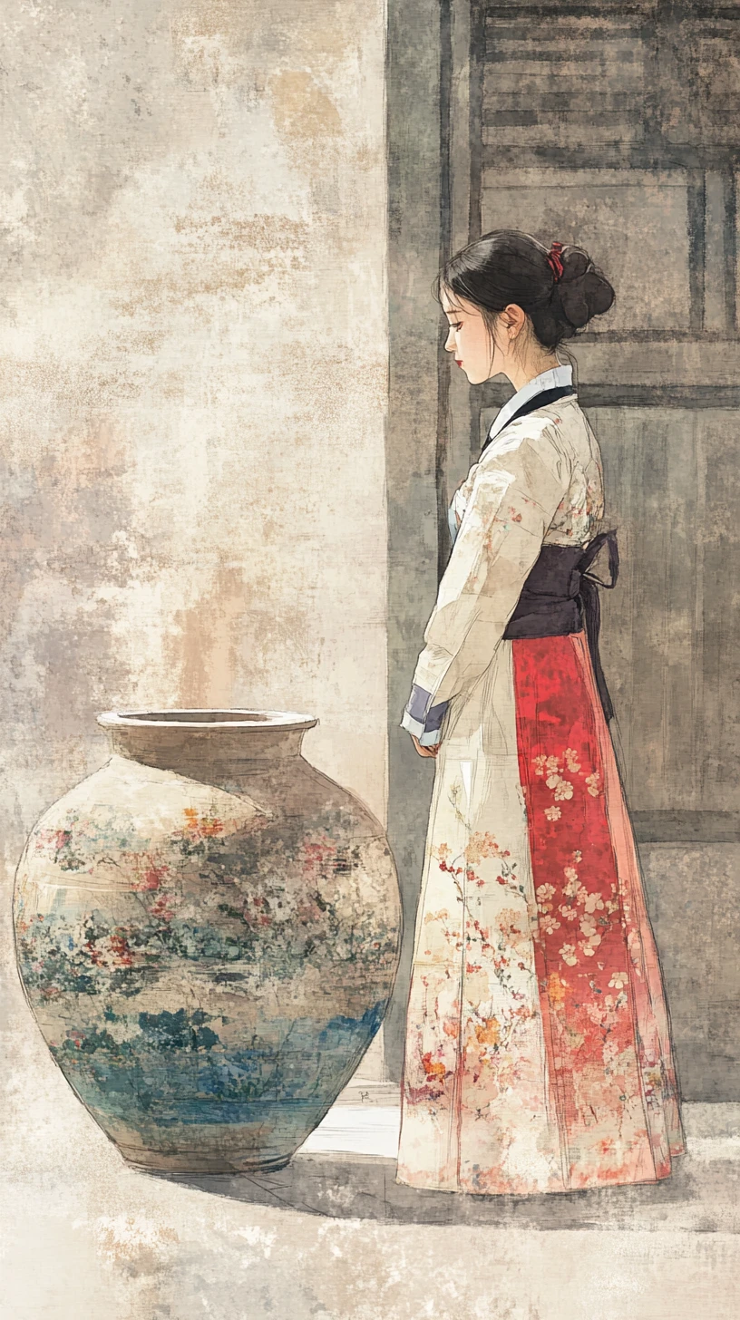 Joven con hanbok coreano y gran jarrón de cerámica
