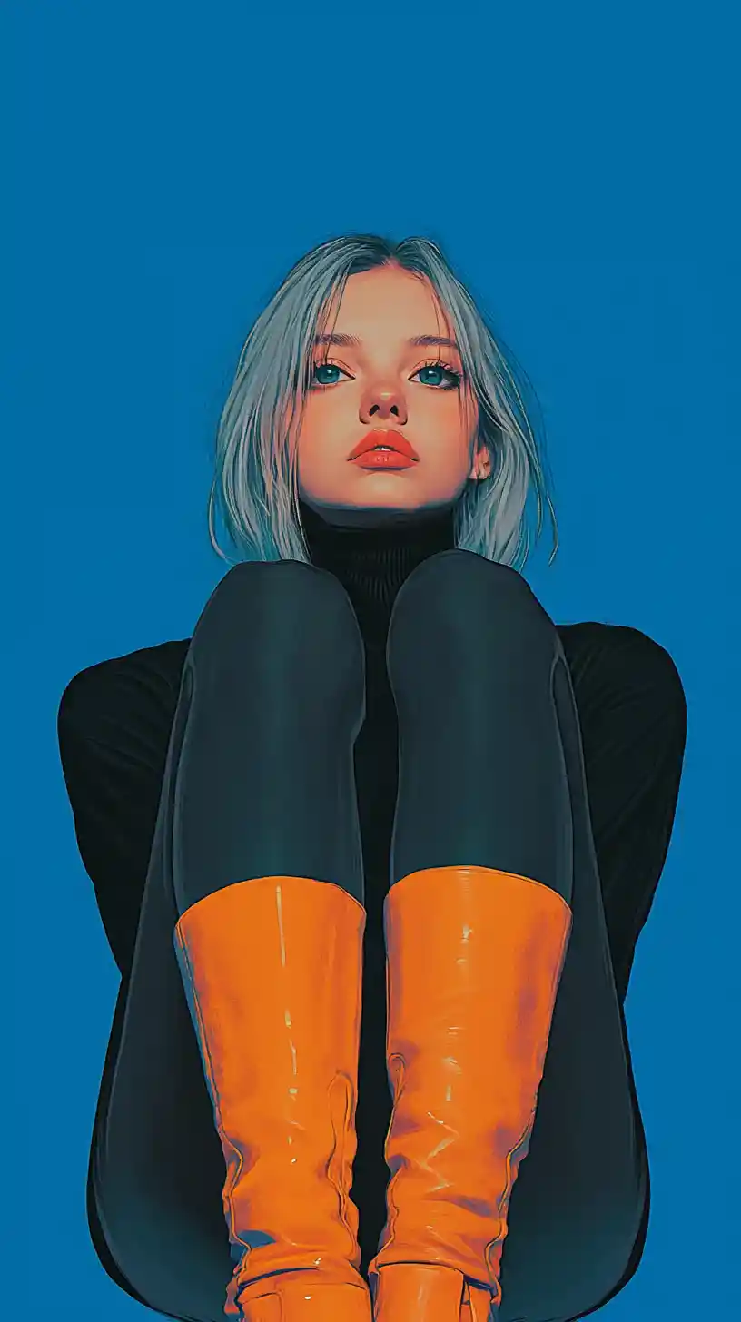 Jeune fille pensive en col roulé noir et bottes orange éclatantes