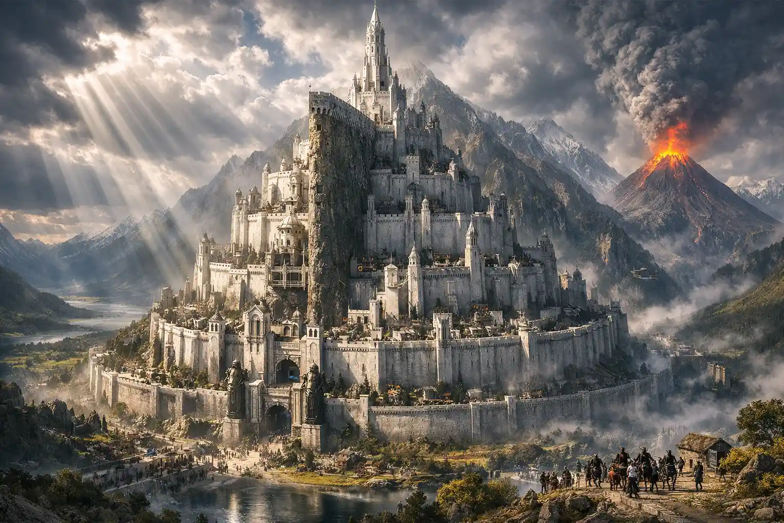 Weitwinkelansicht einer leuchtenden Fantasy-Stadtfestung bei Nacht