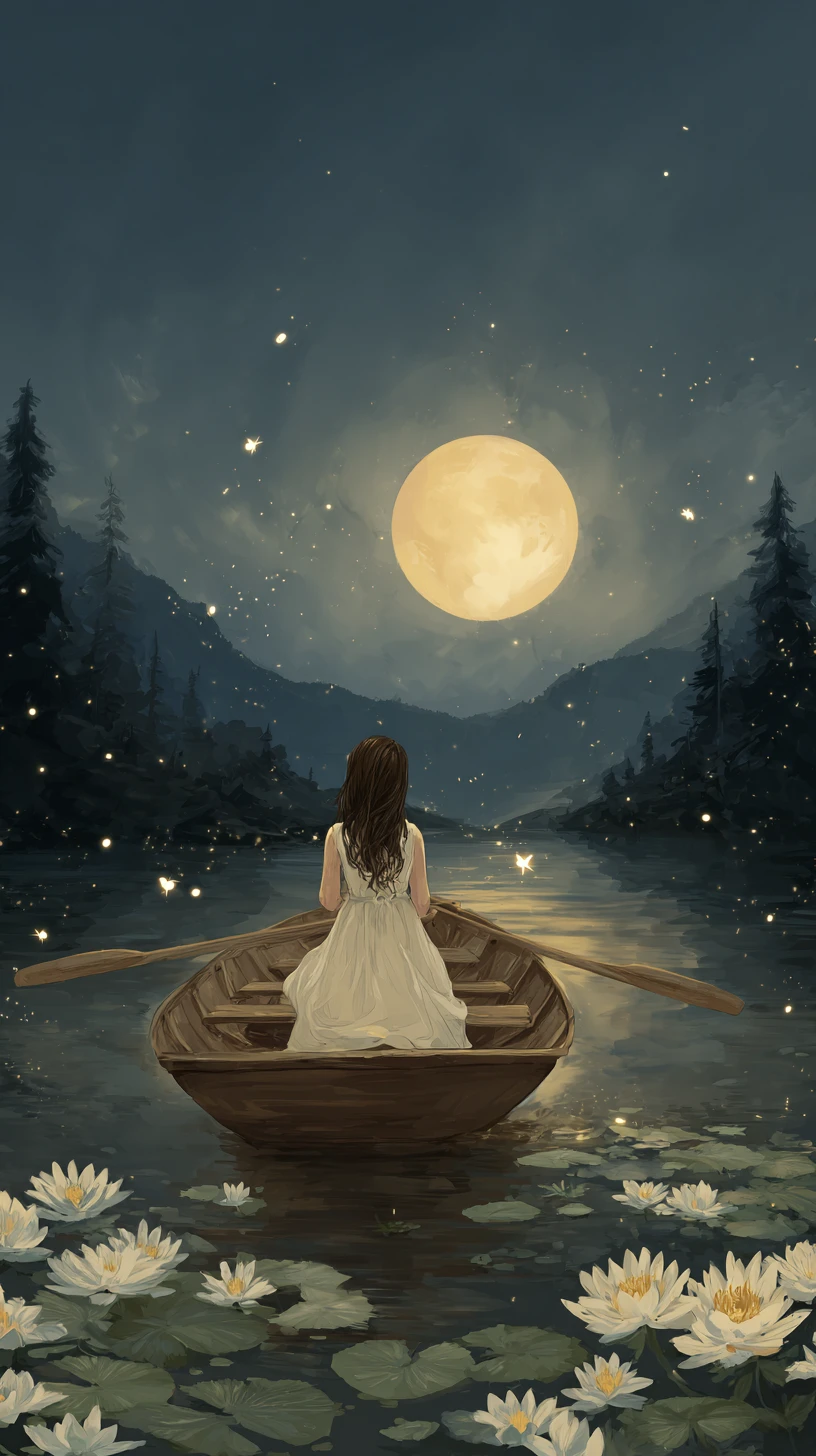 Girl in a rowboat beneath a luminous moonlit sky