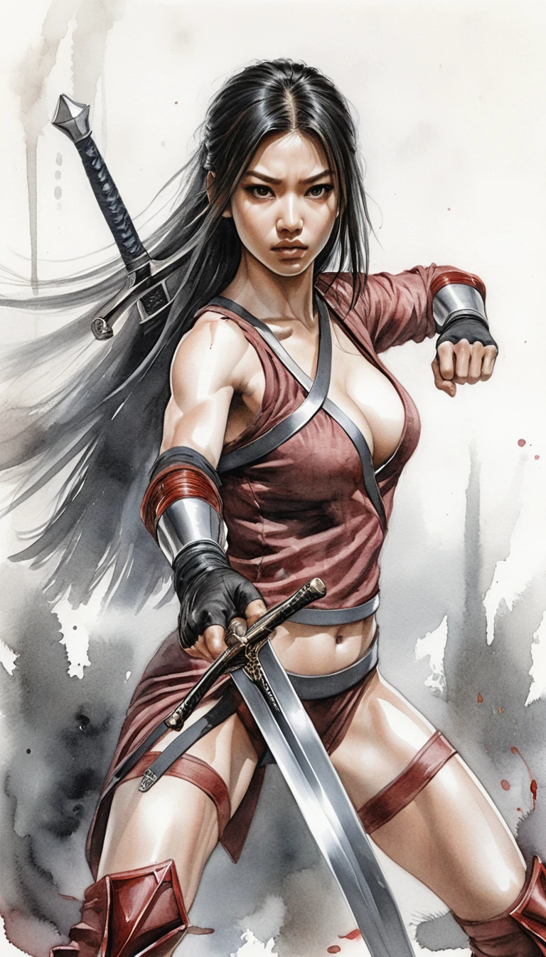 Guerrière asiatique musclée avec katana dans une scène sombre et brumeuse