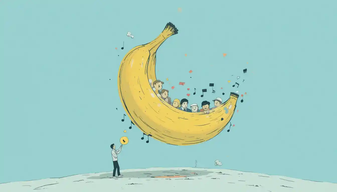 Illustration ludique de banane avec personnage musical sur fond bleu