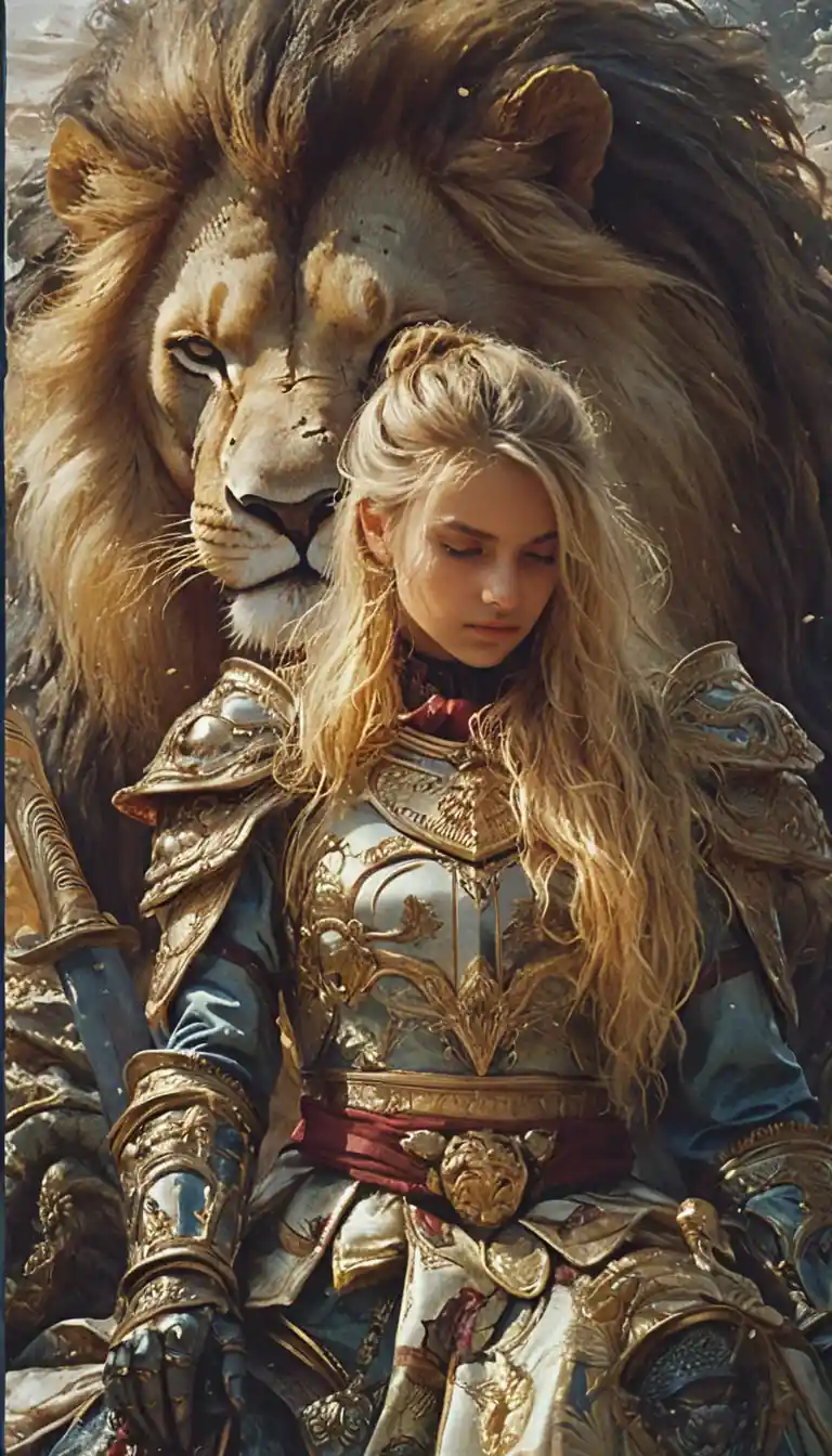 Guerrera rubia descansando con un majestuoso león guardián