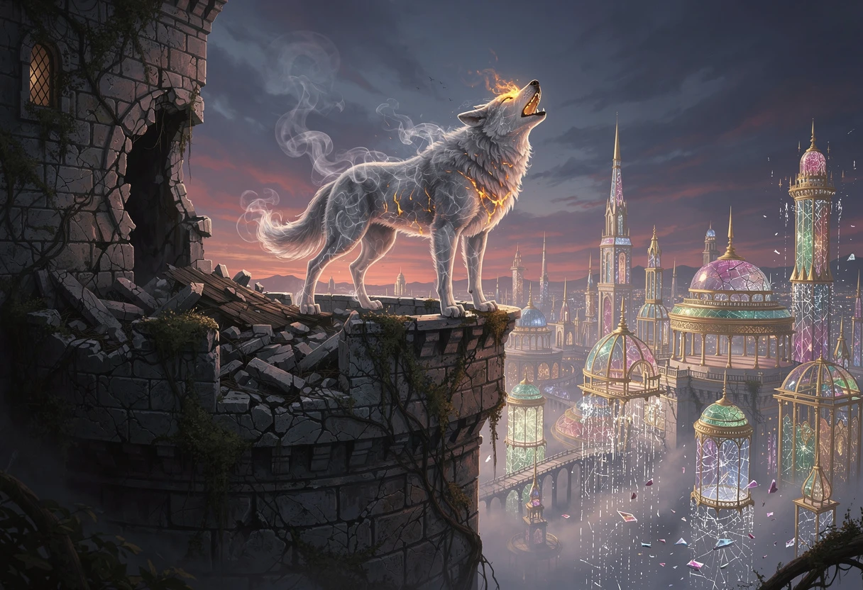 Lobo espectral esfumaçado em uma torre de pedra medieval em ruínas