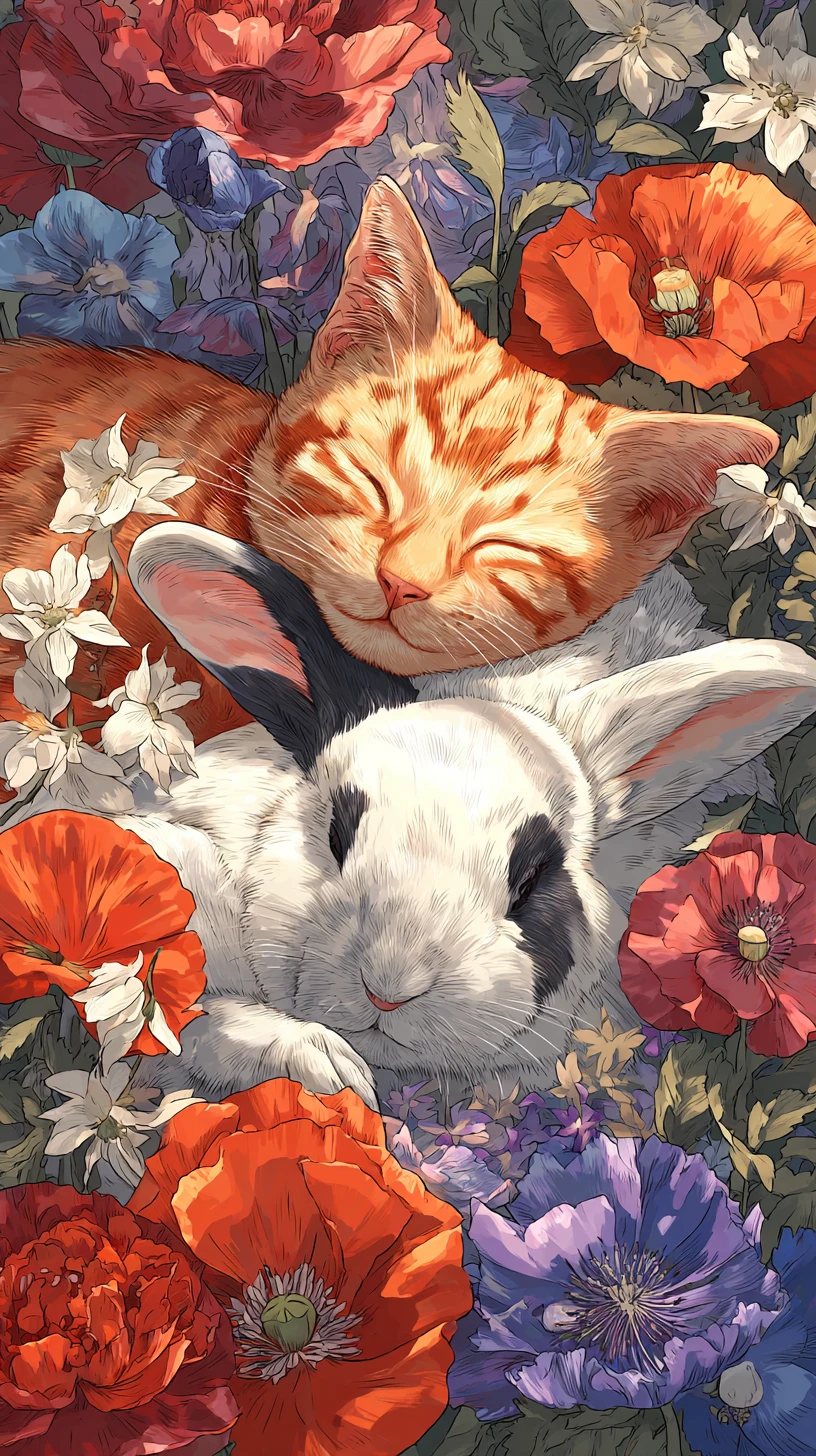 Sleeping cat and rabbit among colorful garden flowers