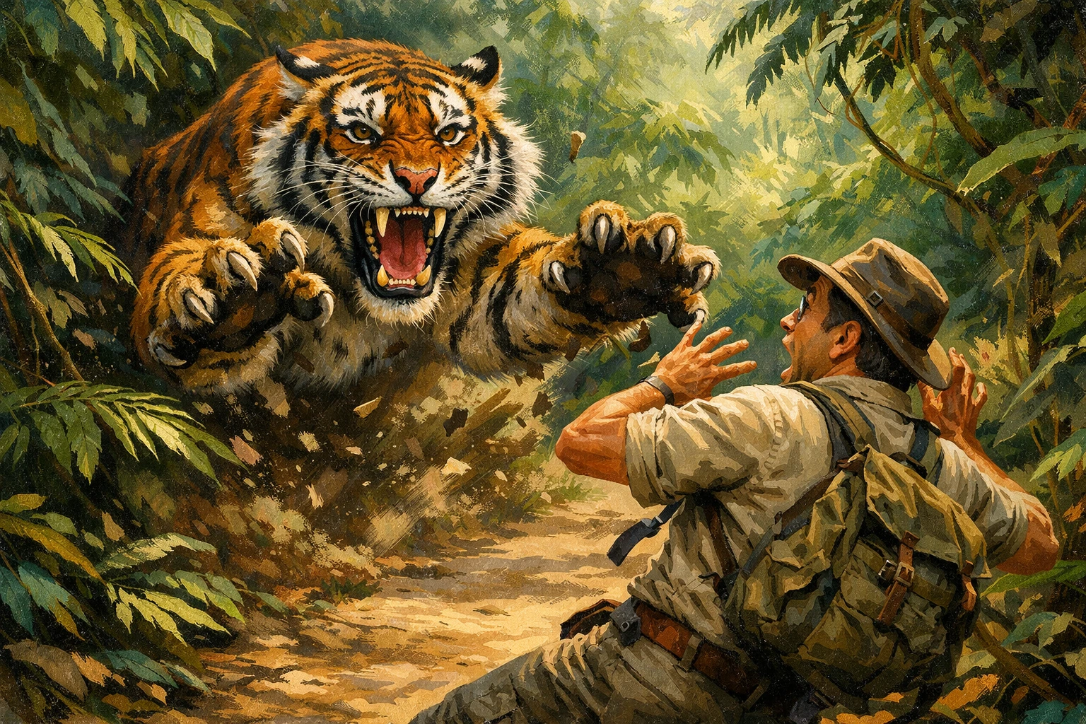 Tigre du Bengale rugissant bondissant sur un homme sur un sentier de jungle