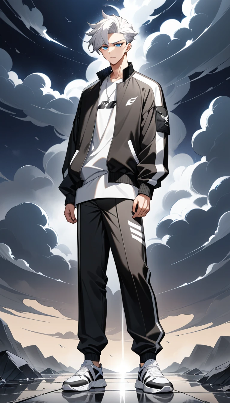 暴風戶外場景中的白髮動漫男子