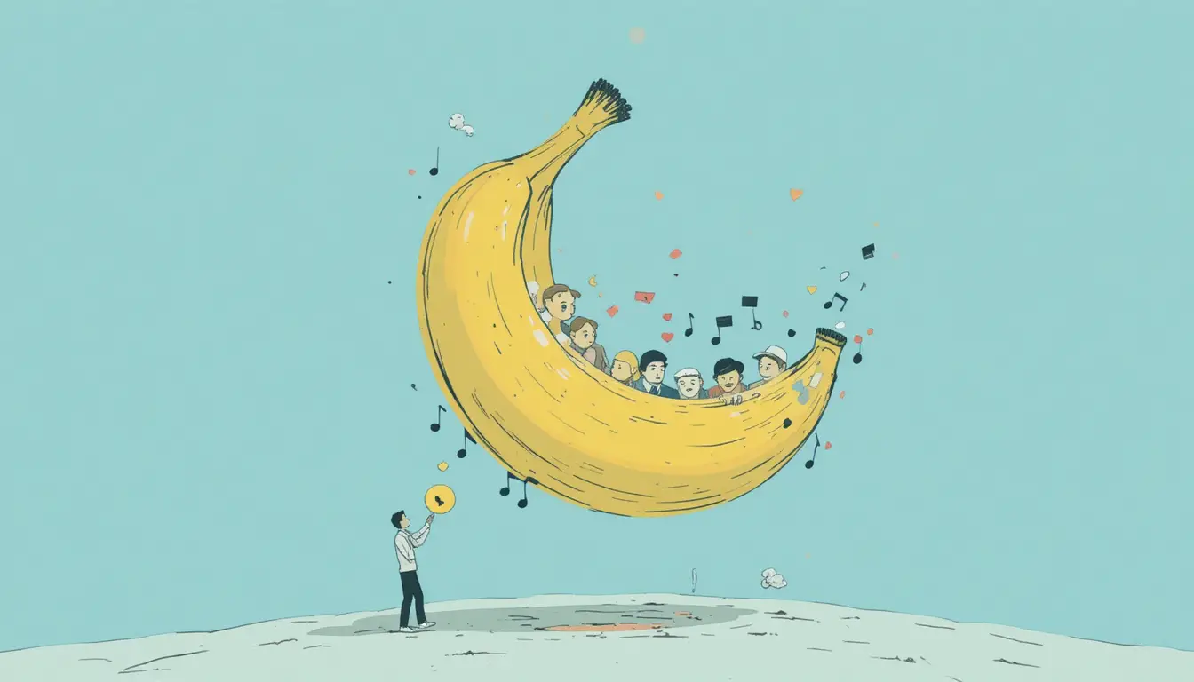 Illustration ludique de banane avec personnage musical sur fond bleu