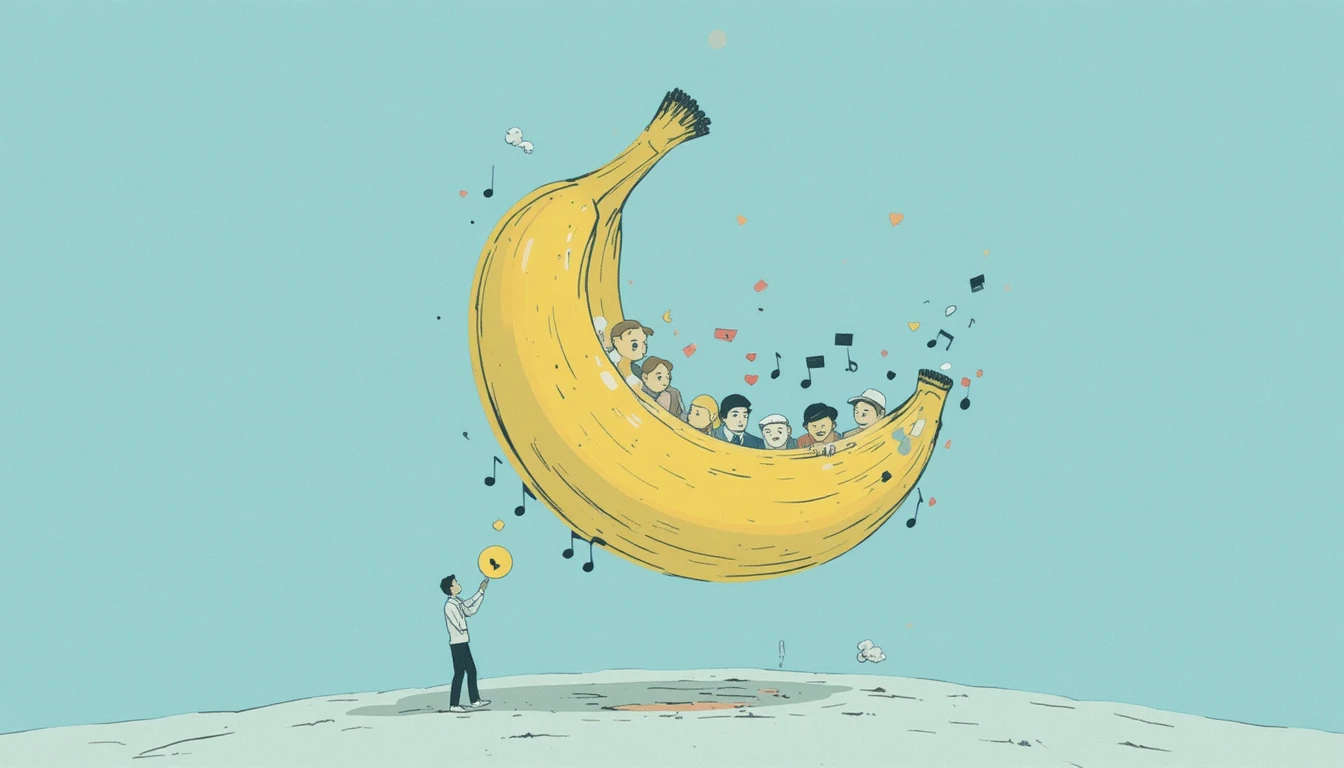 Illustration ludique de banane avec personnage musical sur fond bleu