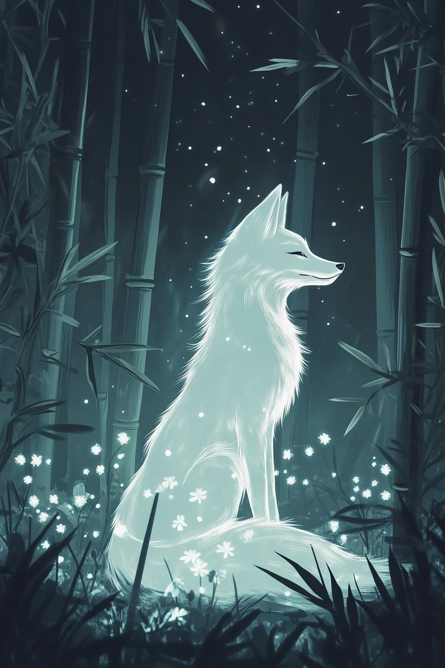 Volpe al chiaro di luna in un tranquillo boschetto di bambù – illustrazione
