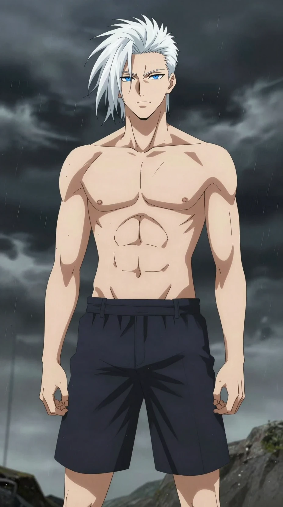 Homem de anime de cabelo branco em cena externa tempestuosa