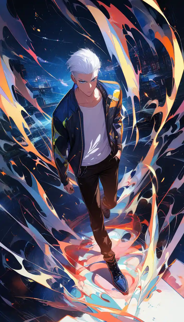 Homem de anime de cabelo branco em retrato corporal inteiro sob tempestade