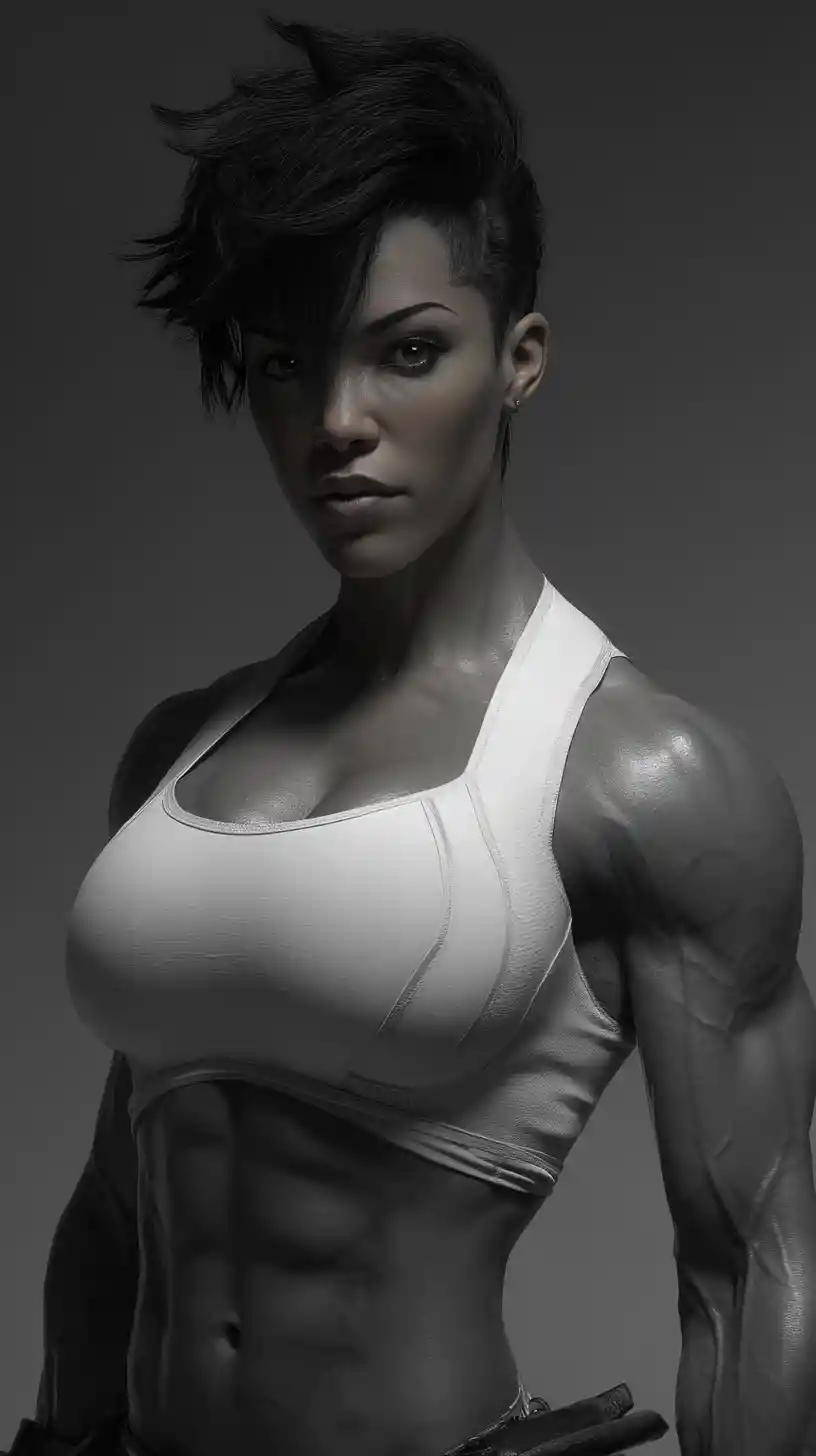 Muscular woman in white bodysuit with powerful physique
