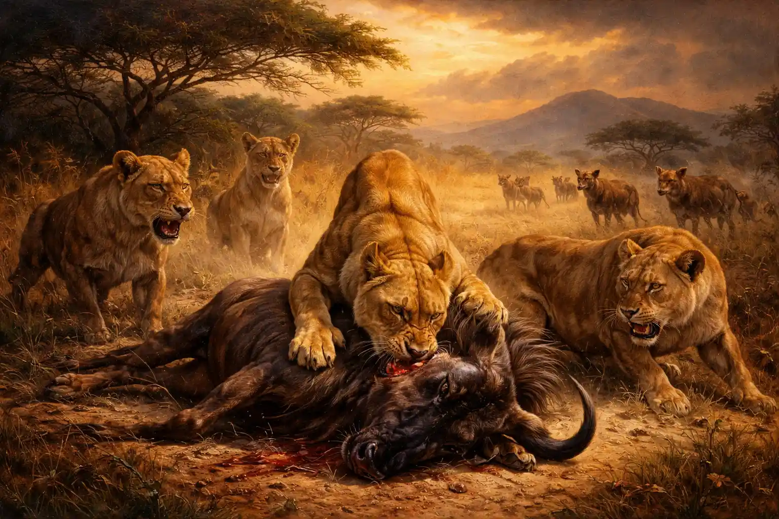 Lionesses hunting a wildebeest on the African savanna