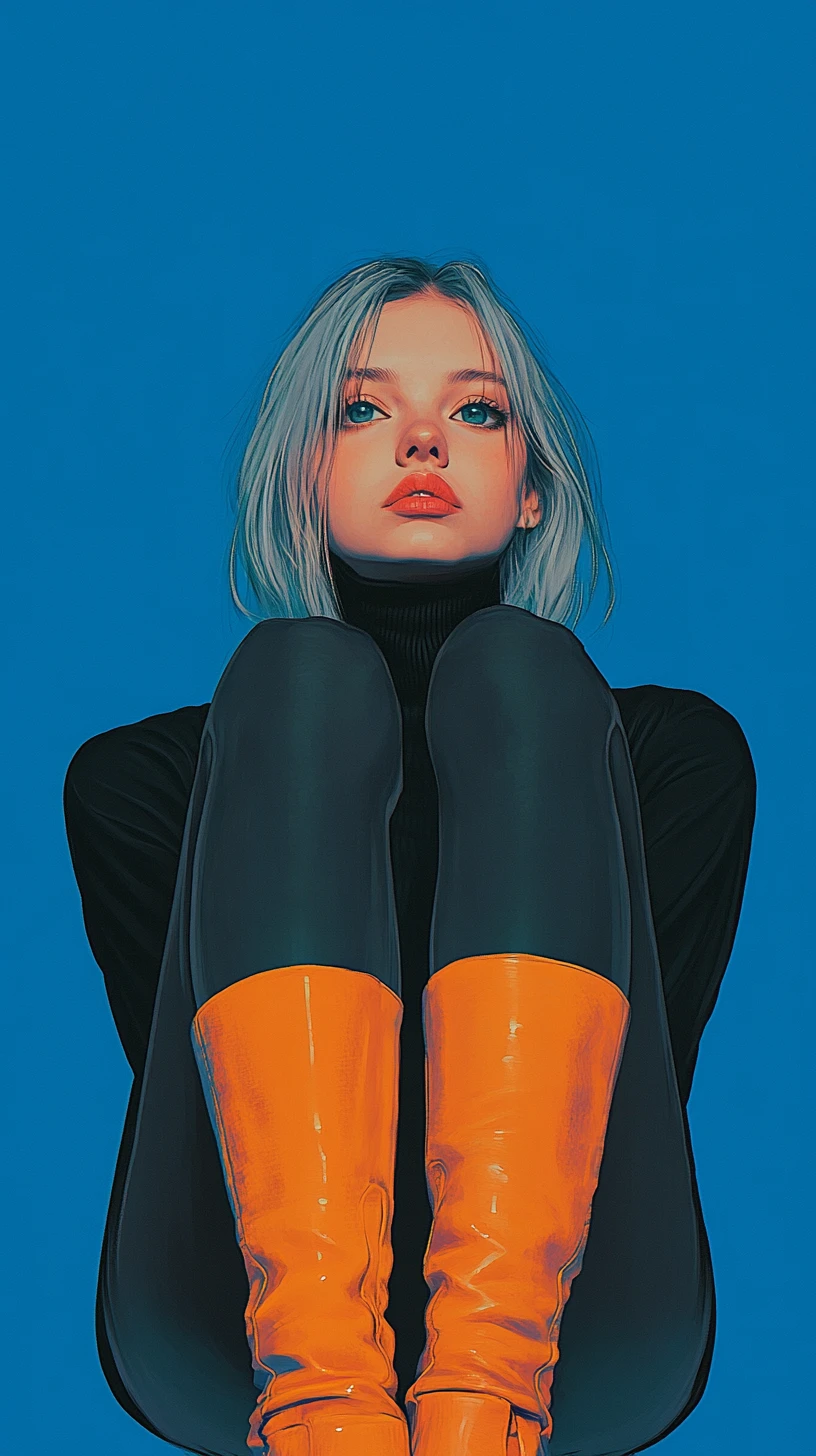 Jeune fille pensive en col roulé noir et bottes orange éclatantes