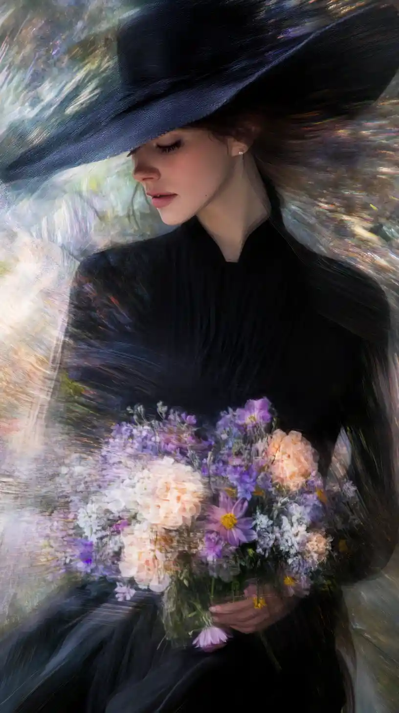 Elegant woman in black gown with glowing wildflower bouquet