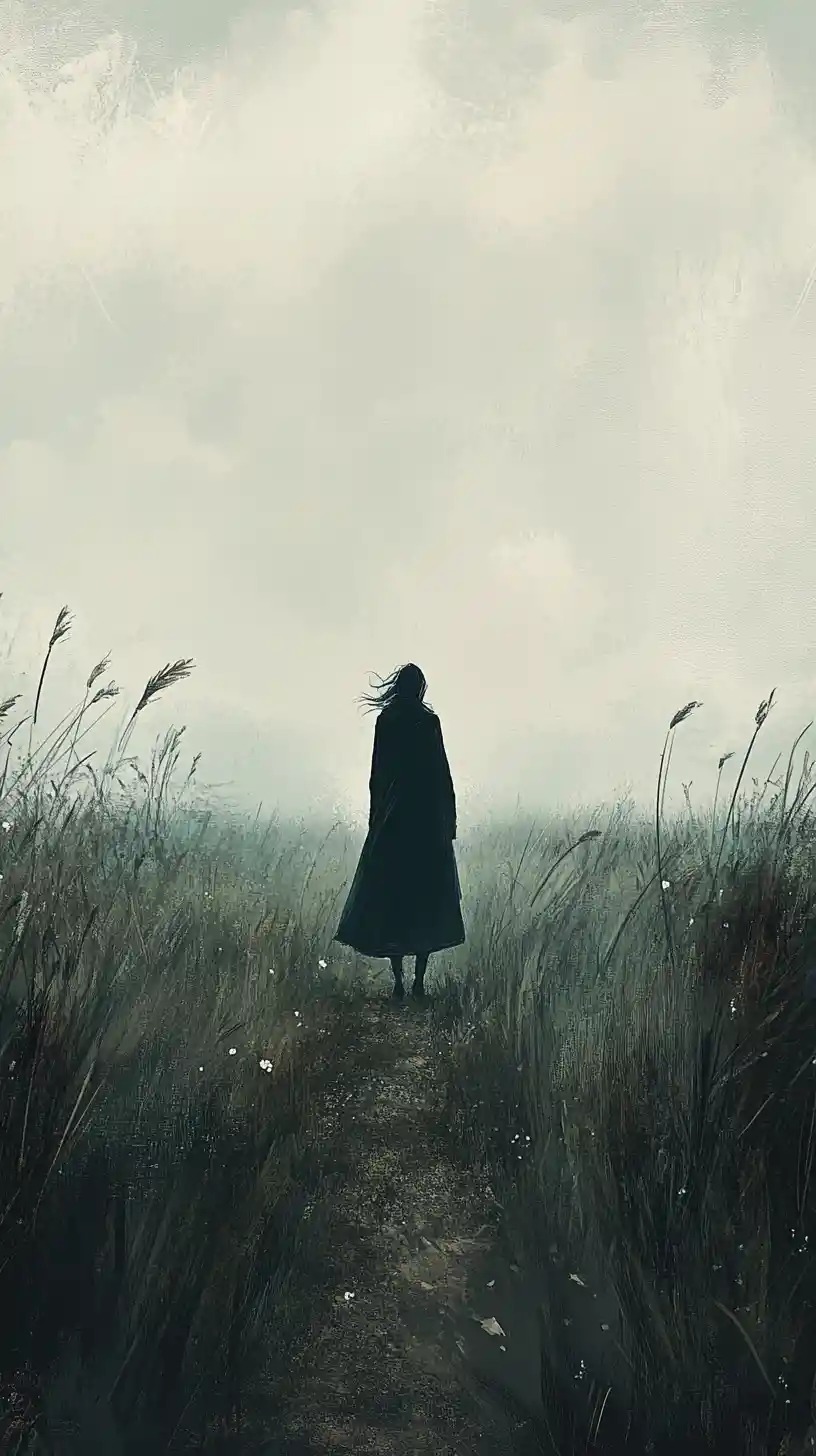 Woman walking alone on a misty overgrown field path