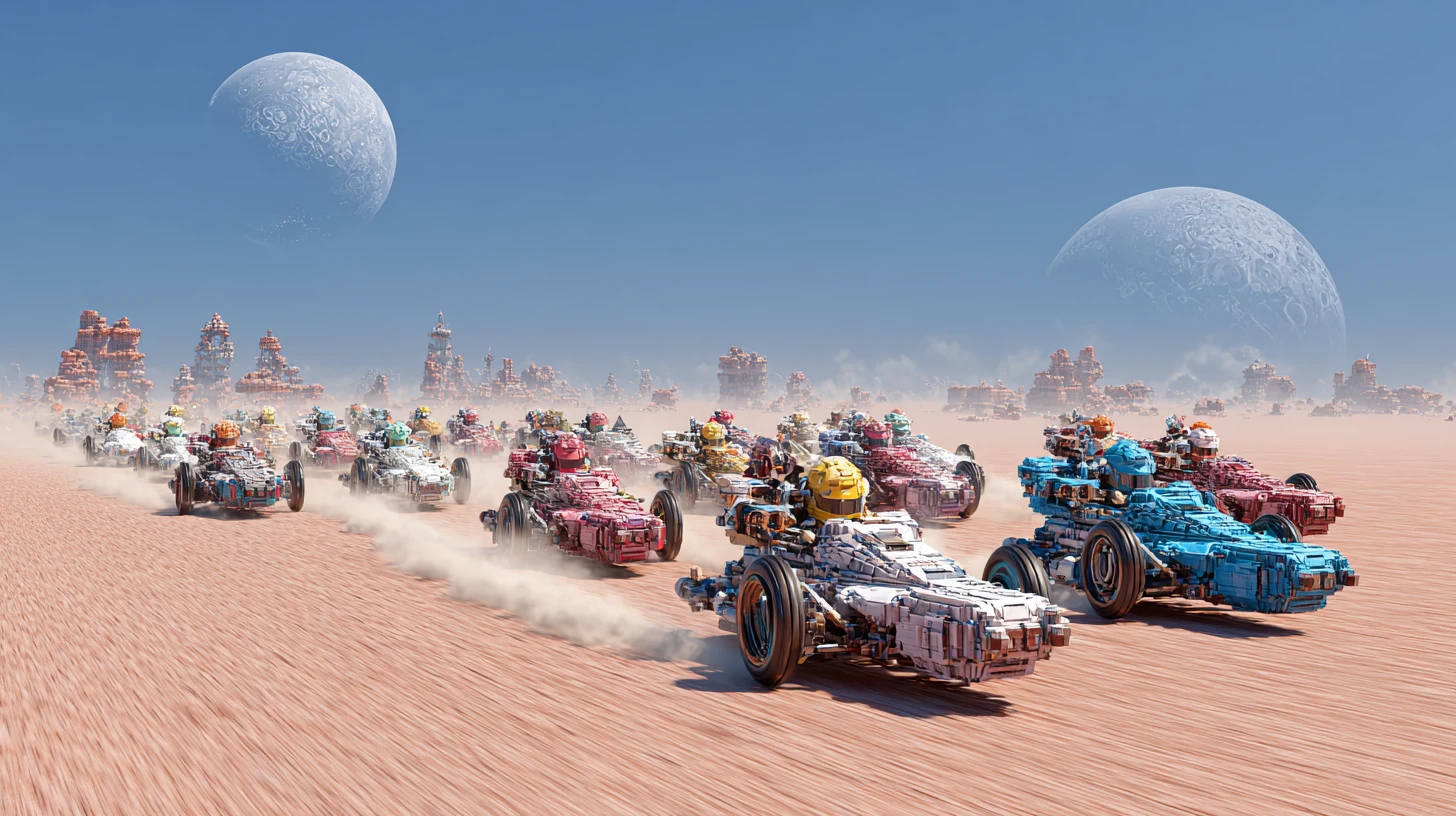 Landspeeders caseros corriendo a través de un desierto colorido