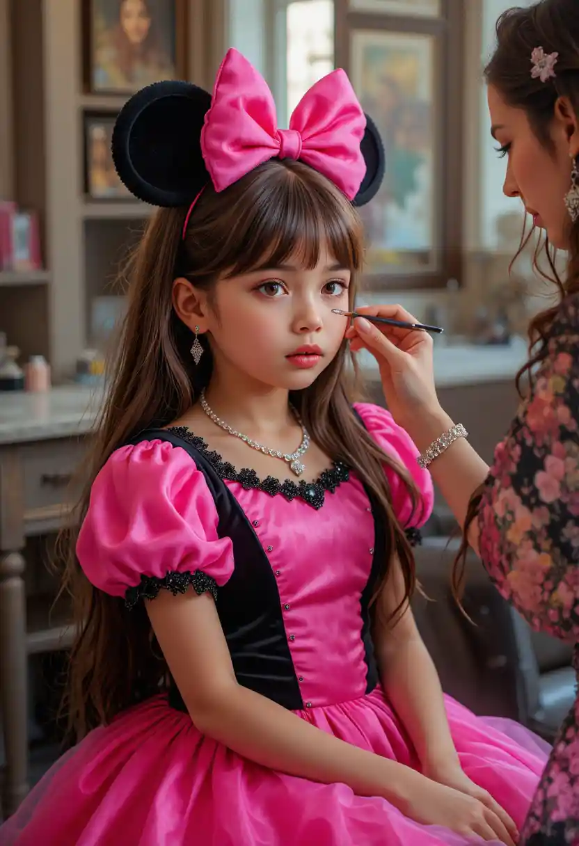 ピンクのドレスを着た少年が女性にメイクをしてもらう