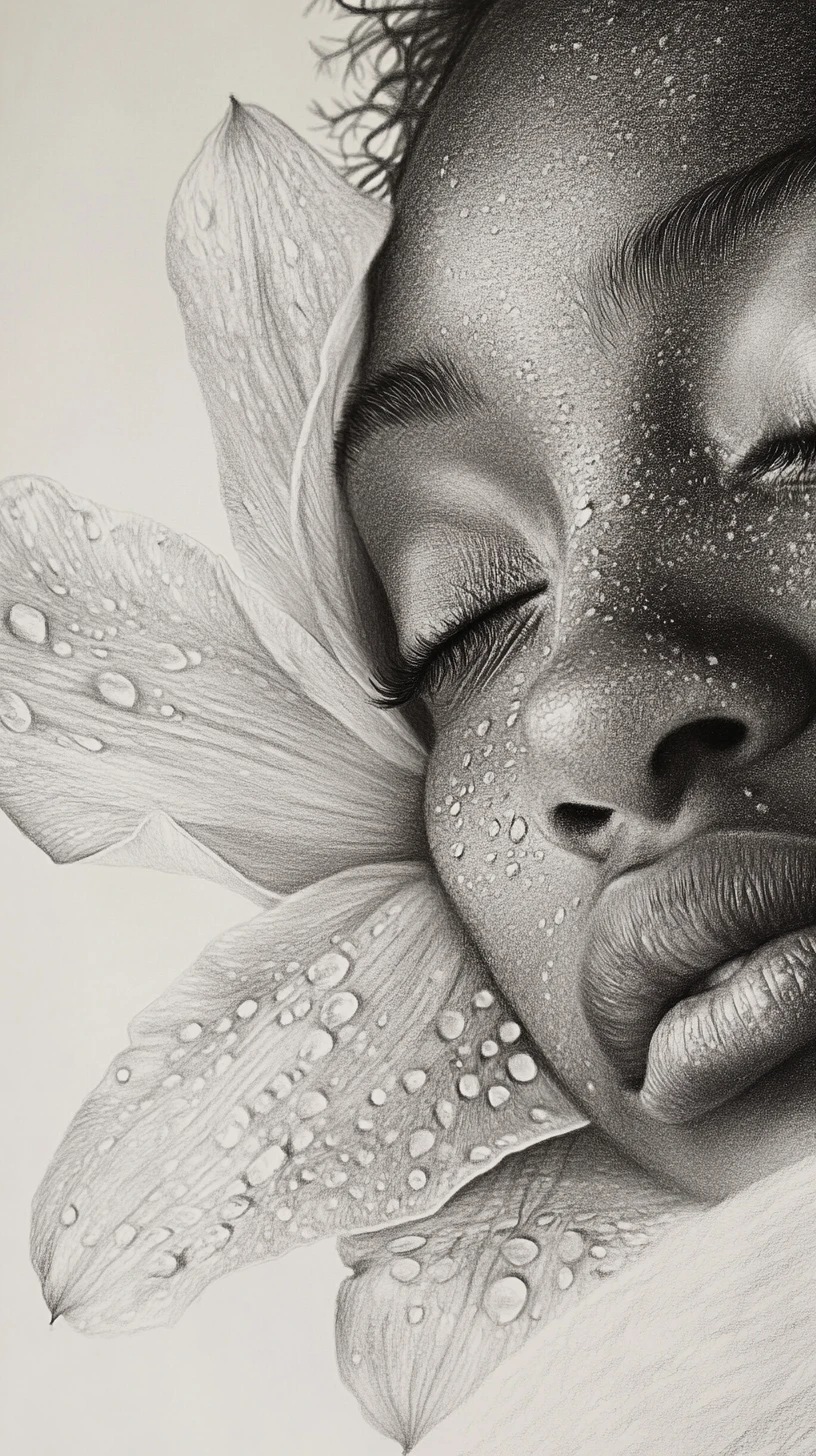 Hada dormida descansando sobre una flor rocío en dibujo a grafito