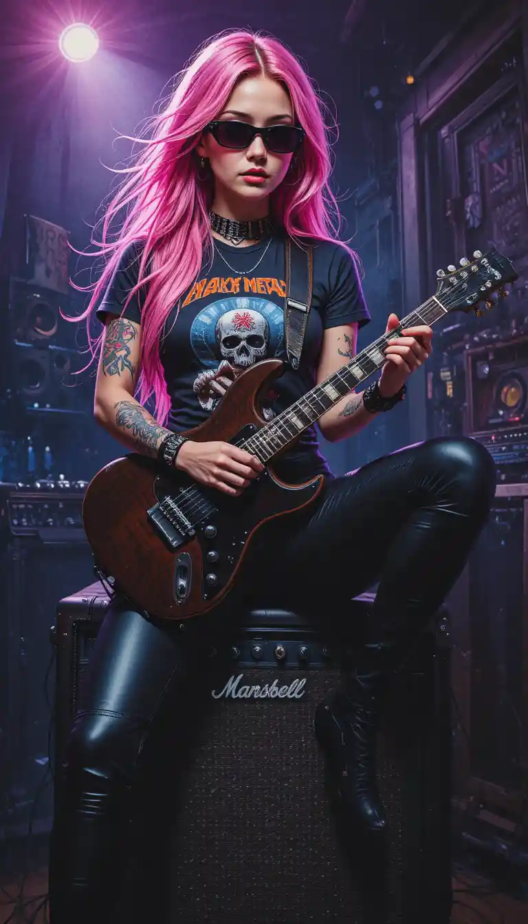 Pink haired girl with electric guitar in studio