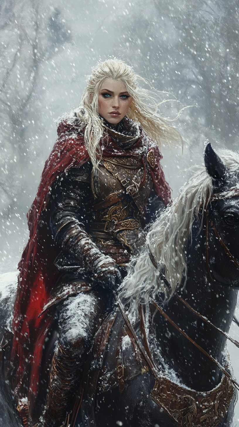 Blonde warrior woman on horseback in a raging snowstorm
