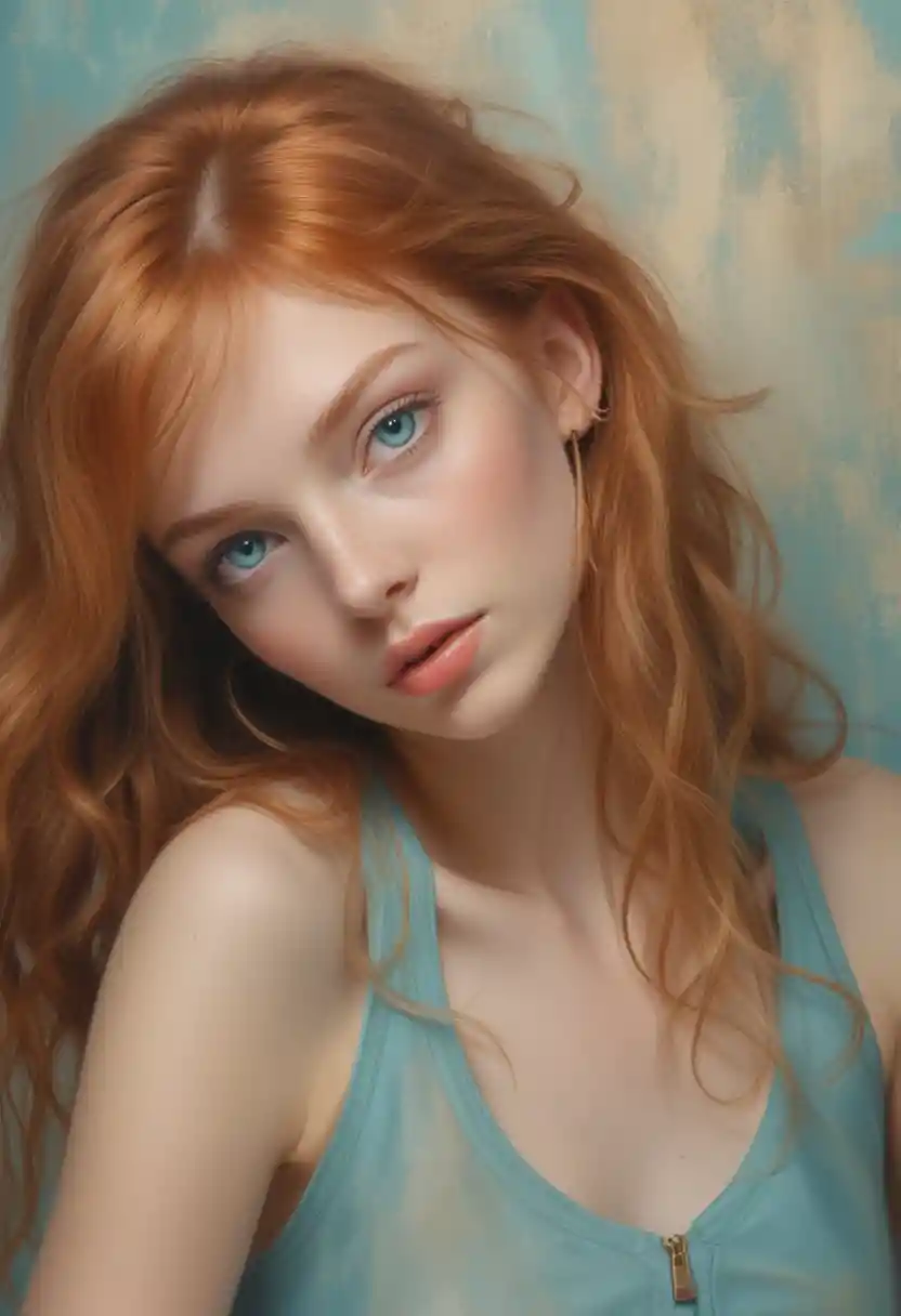 Red haired girl portrait against blue textured wall