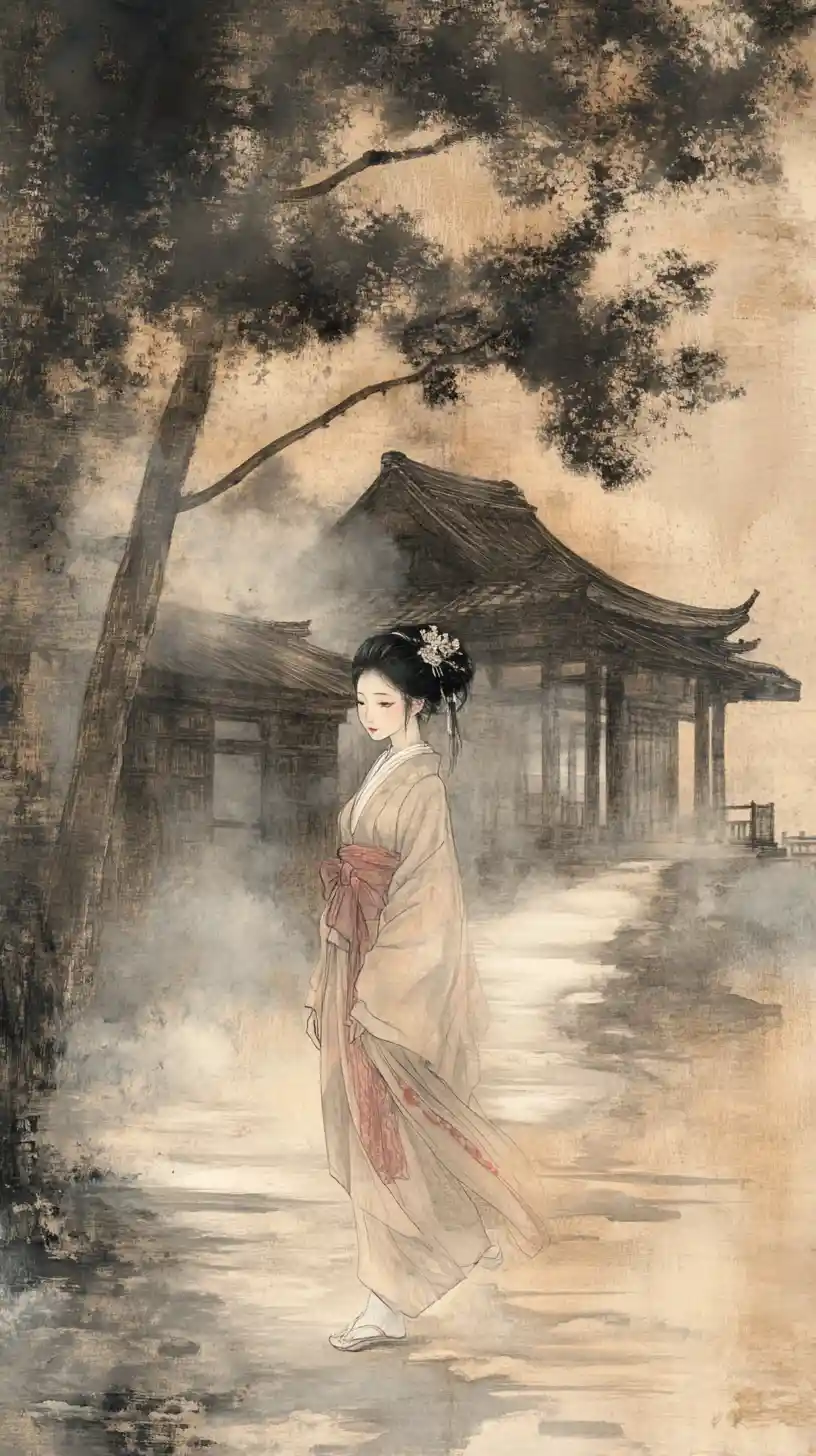 Young woman in kimono walking barefoot along a wooden pier