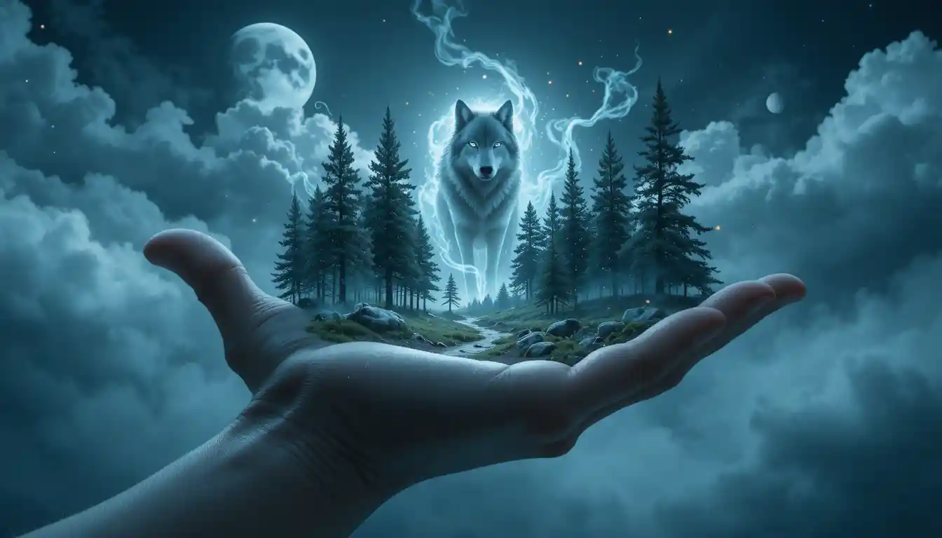 Espírito místico de lobo surgindo de uma floresta lunar na palma da mão