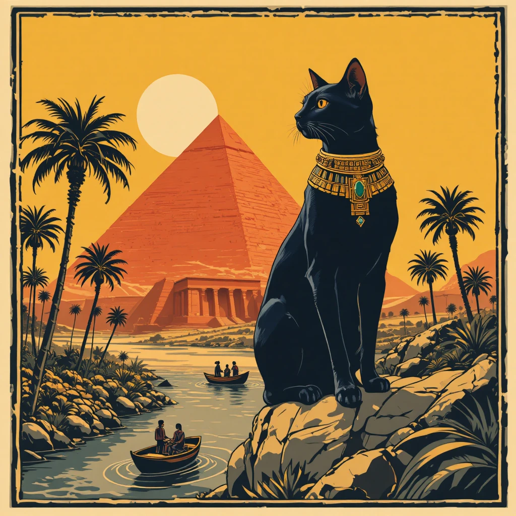 Elegante gato negro y pirámide roja en un paisaje del antiguo Egipto