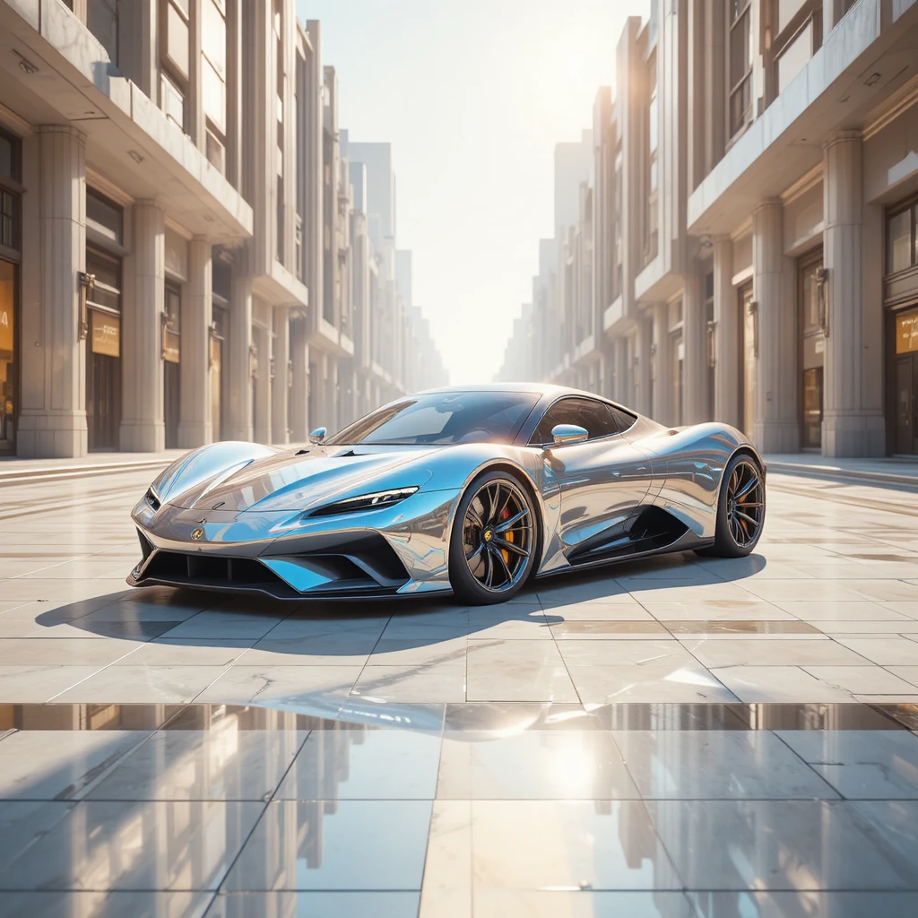 Futuristischer perlmuttweißer GT‑Wagen in einer ruhigen Stadtstraße