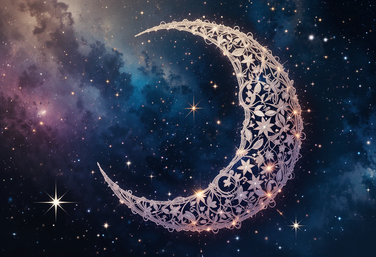 Lua Crescente de Renda com Estrelas em Nebulosa em Aquarela