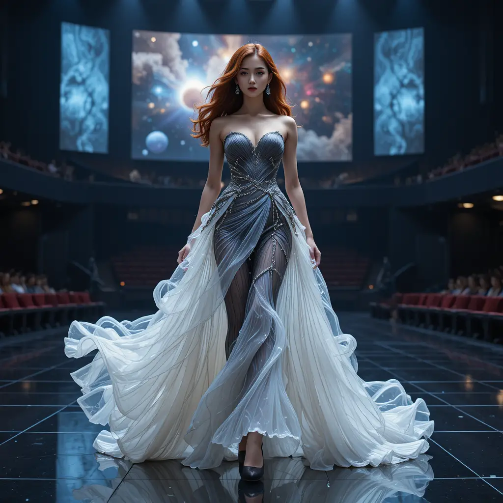 Rainha da beleza coreana em vestido de gala quântico e mutável