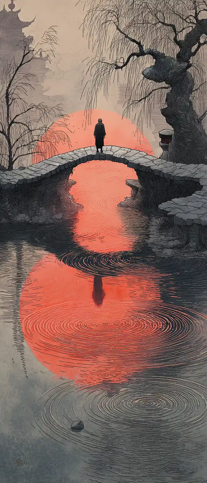 Idoso na ponte alcançando seu reflexo mais jovem