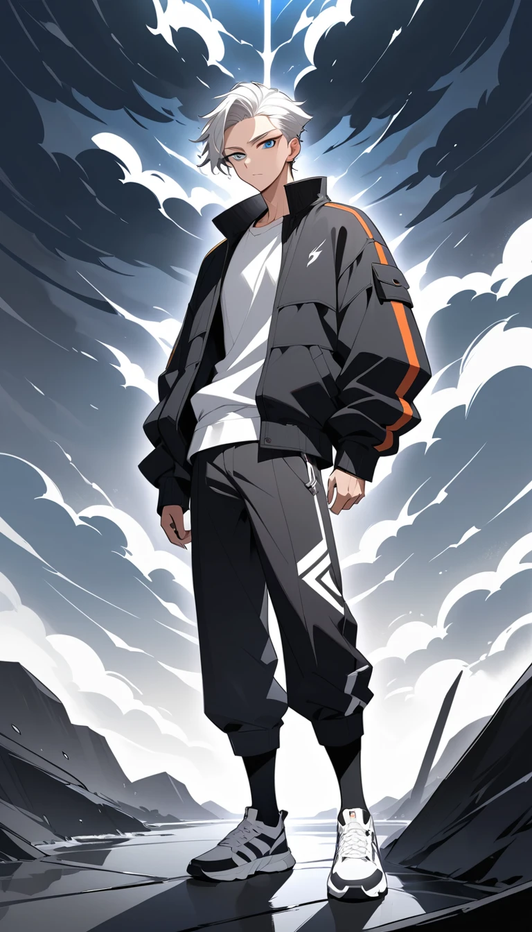 Homem de anime de cabelo branco em cena externa tempestuosa
