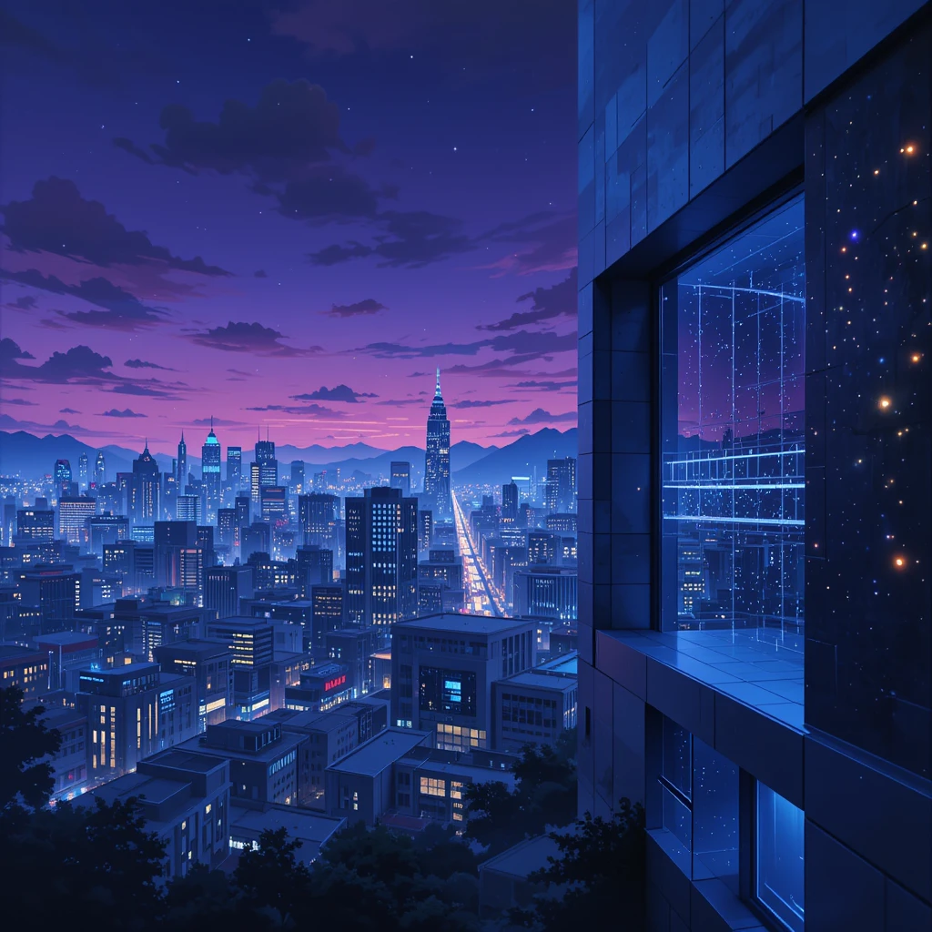 Vibrante horizonte urbano ao entardecer com janelas iluminadas