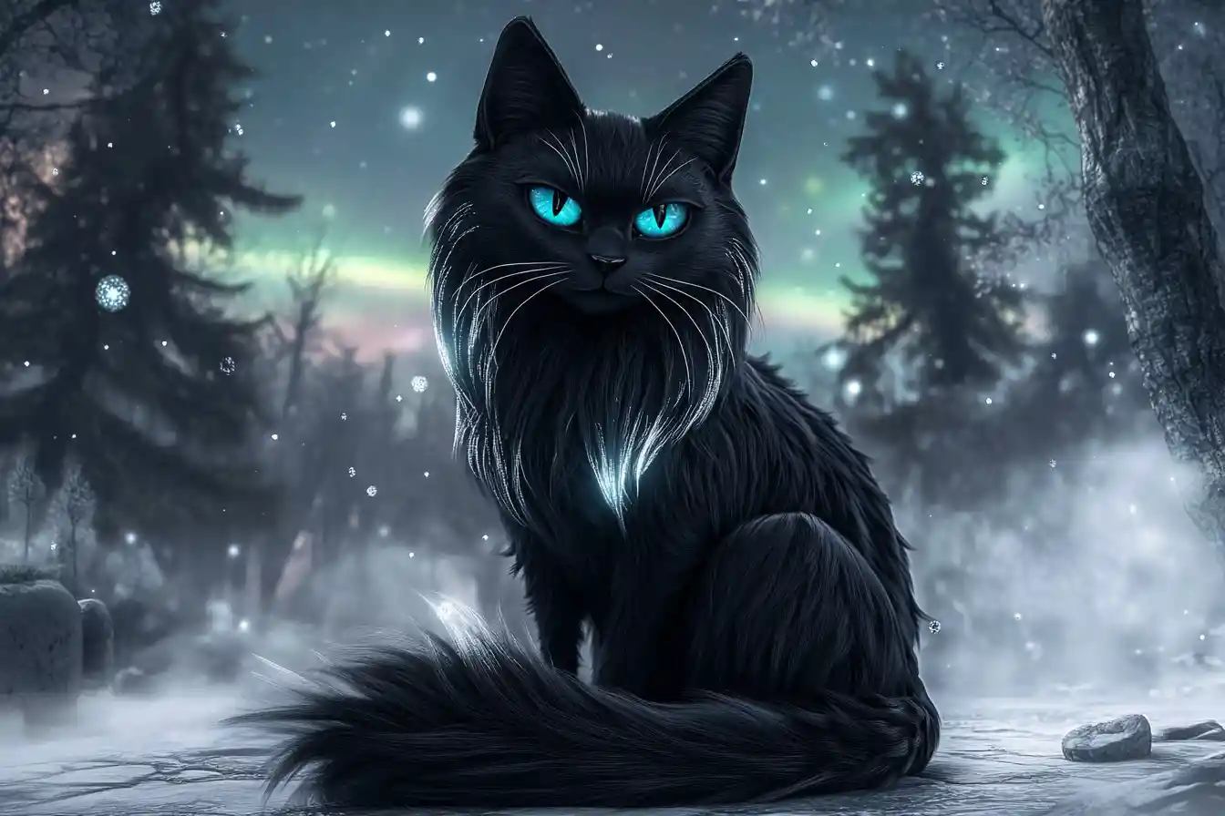 Gato preto místico em clareira de floresta encantada ao luar
