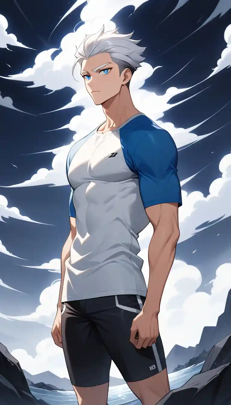 Hombre de anime de cabello blanco en escena exterior tormentosa