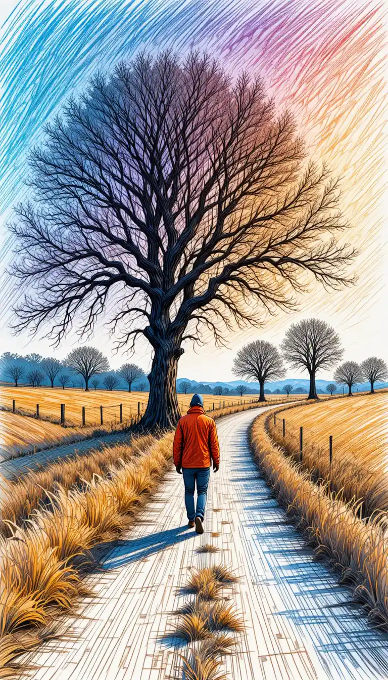 Solitary figure on country road in vivid scribble line art