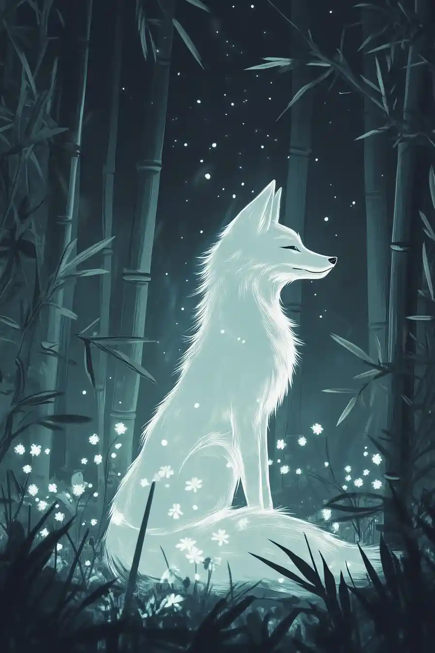 Volpe al chiaro di luna in un tranquillo boschetto di bambù – illustrazione