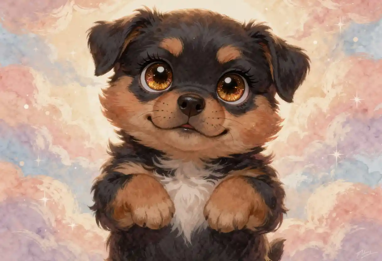 Fluffy Rottweiler Puppy With Huge Sparkling Amber Eyes