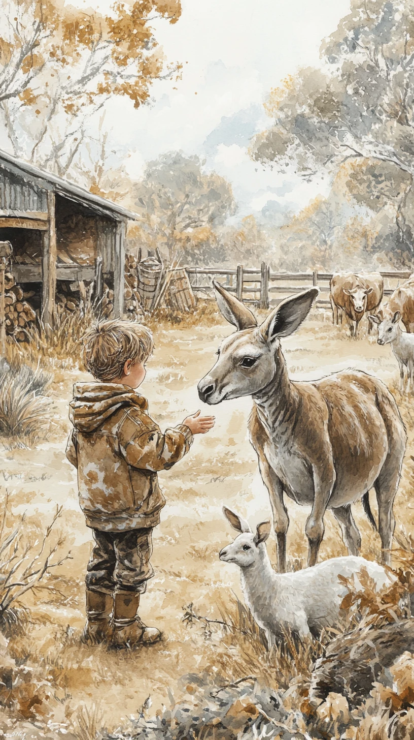 Young boy gently petting a kangaroo on a quiet farm