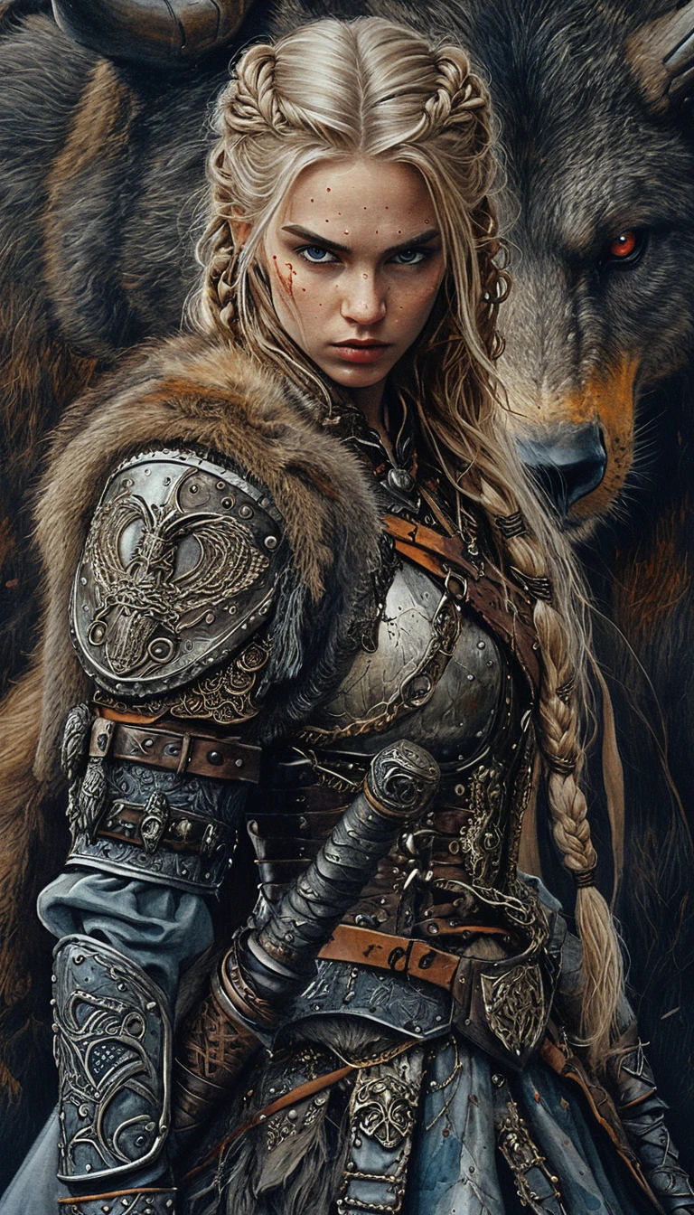 Blonde viking warrior woman ready for brutal combat