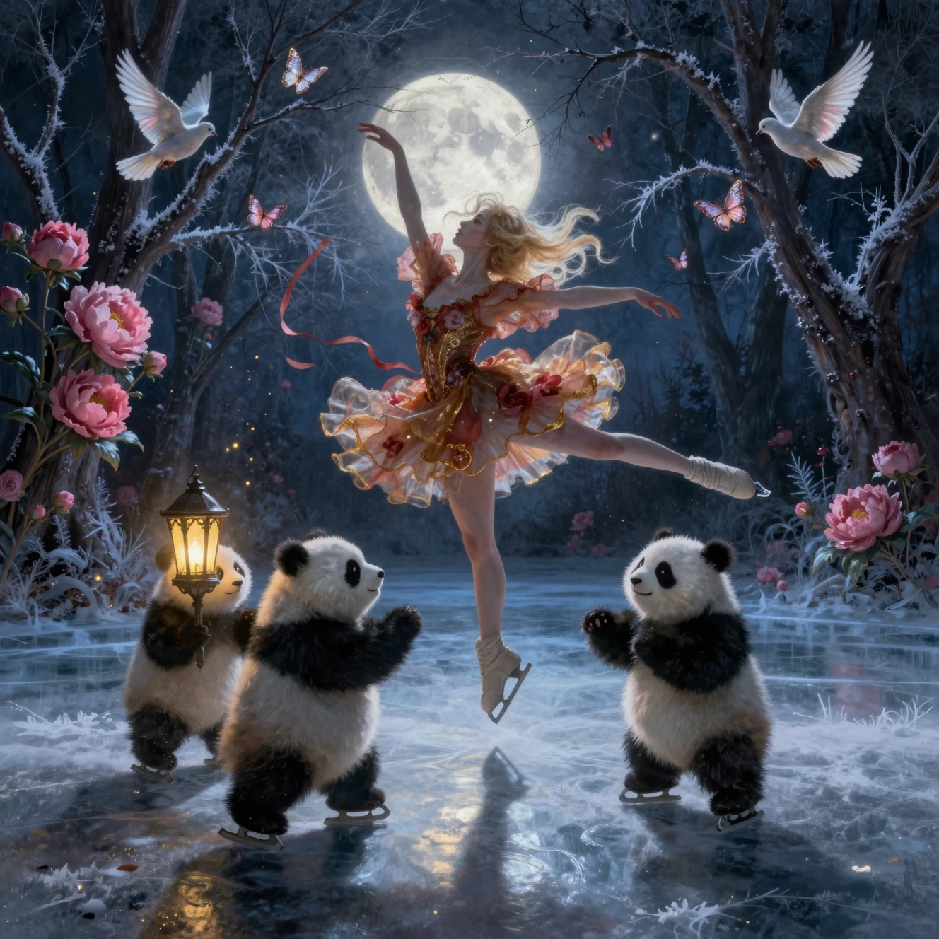 Patineuse au clair de lune dansant avec des pandas sur un lac gelé