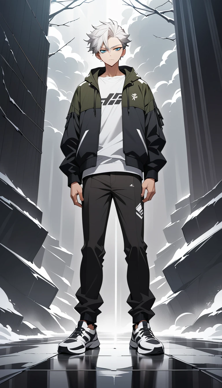 Homem de anime de cabelo branco em cena externa tempestuosa