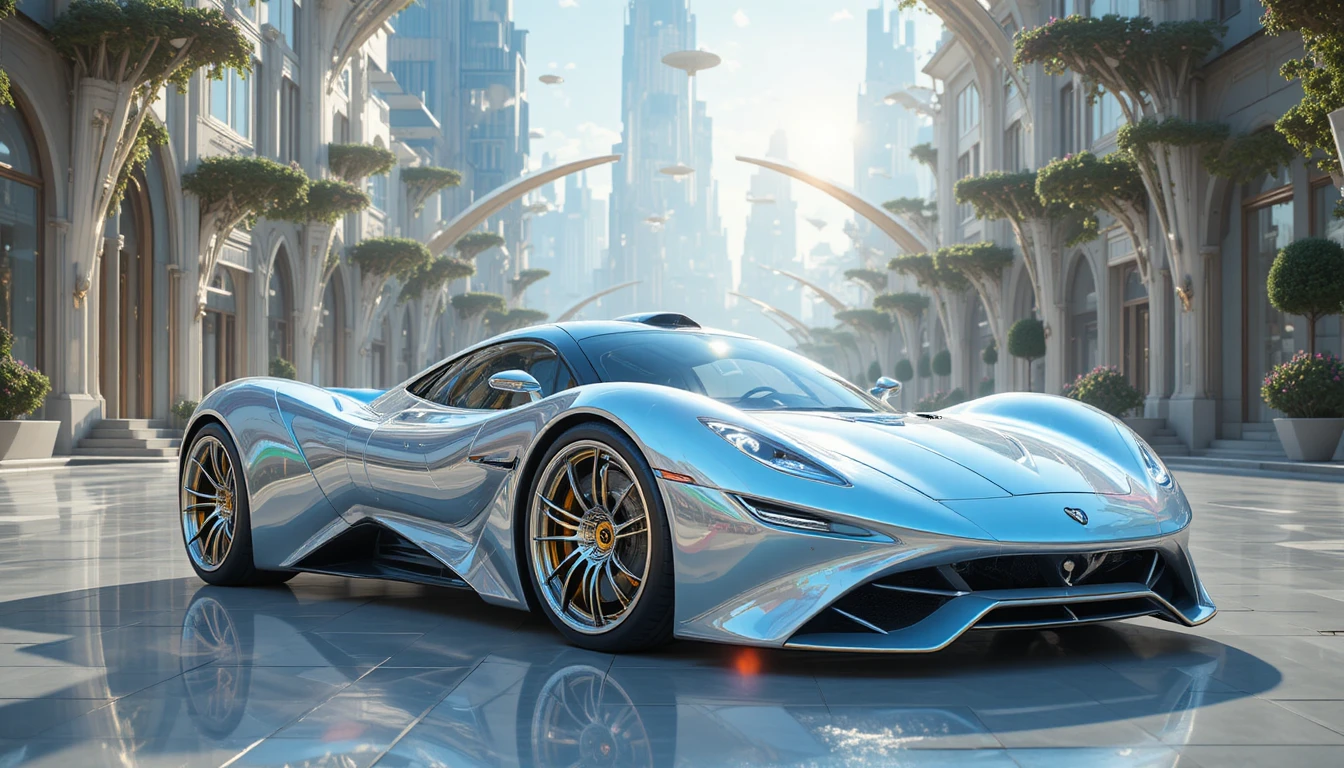 Futuristischer perlmuttweißer Supersportwagen in einer leuchtenden Fantasiestadt