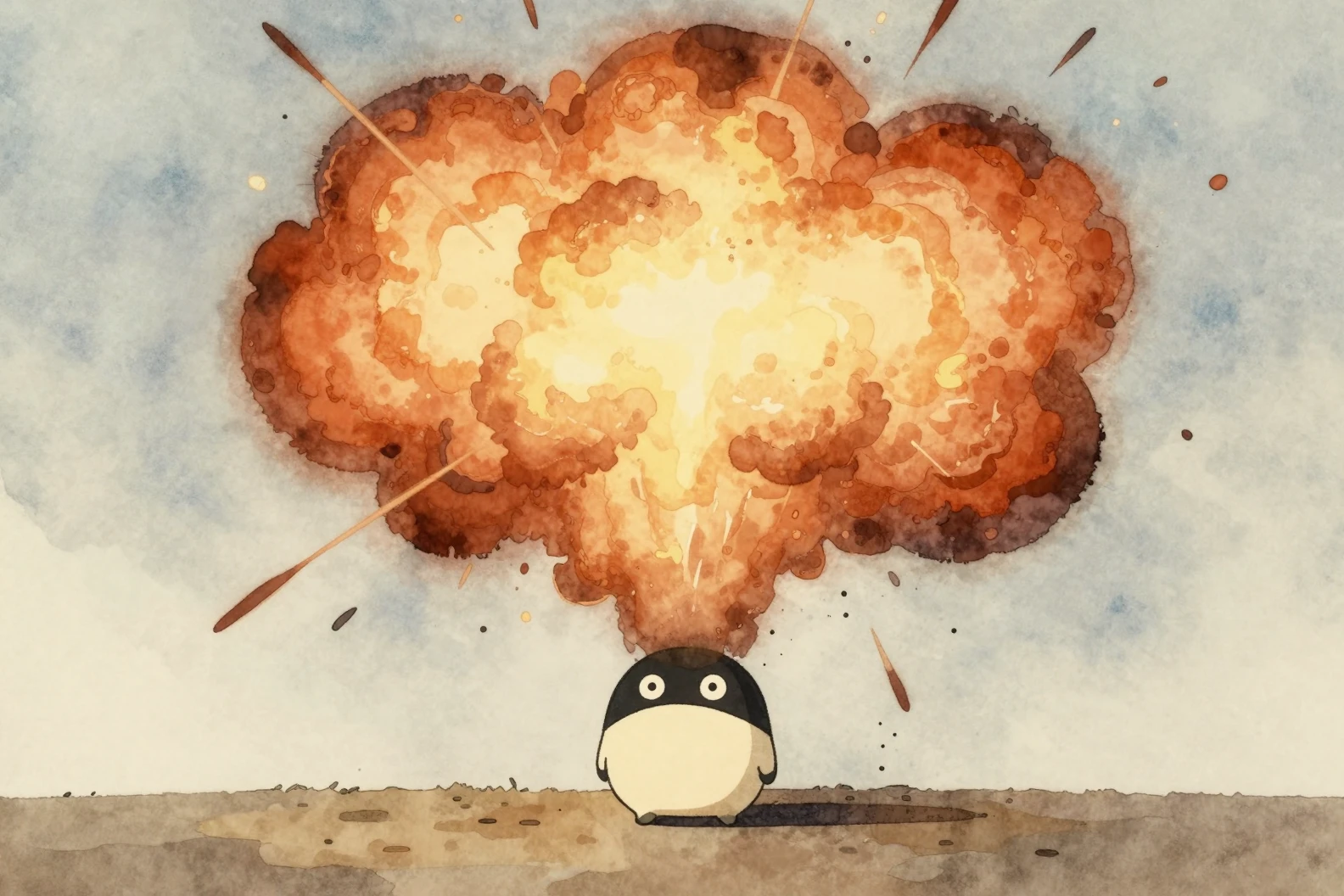 Creatura cartoon ad acquerello calma sotto una fiammante esplosione